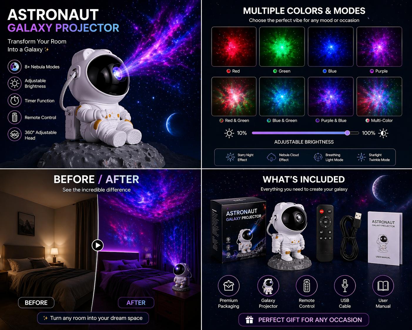 Astronaut galaxy projector light creating starry night ceiling with remote control